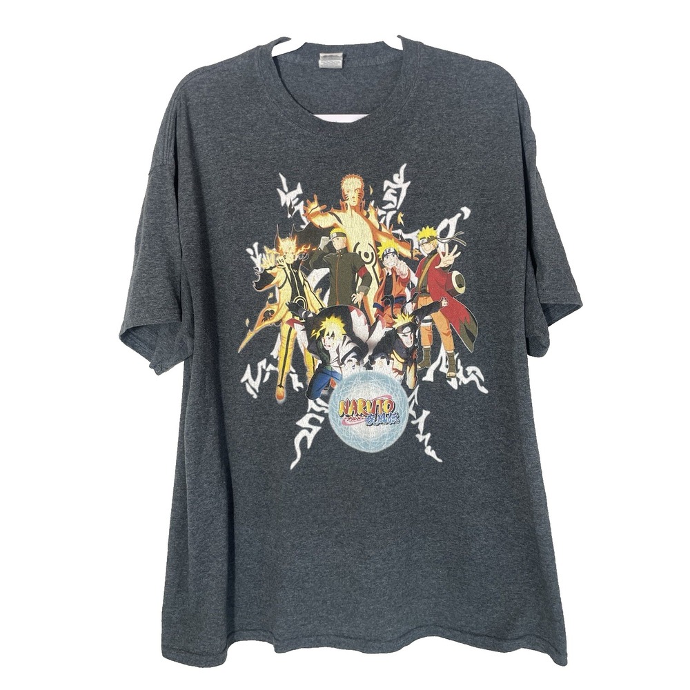 Naruto Shippuden Anime Graphic Tee Shirt Men's XL Gray Uzumaki Sasuke Gildan
